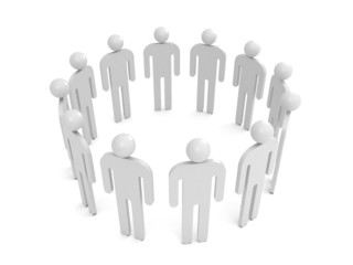 Twelve abstract white 3d people stand in one circle