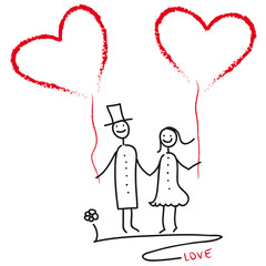 Heiraten und die Hochzeit feiern. Hochzeitspaar mit Luftballon - Herzen. Auf gehts in die Flitterwochen.