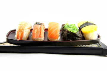 The seafoods Sushi on the dish.