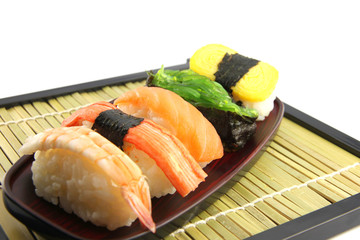 The seafoods Sushi on the dish.