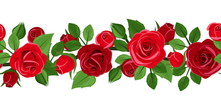 Horizontal seamless background with red roses. Vector.