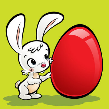 Cartoon cute bunny with a huge easter egg