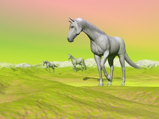 Obraz na płótnie Canvas Horses in green landscape - 3D render