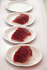 Meat of tuna fish in the dish.