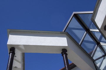 Exterior detail of office building with glass roof