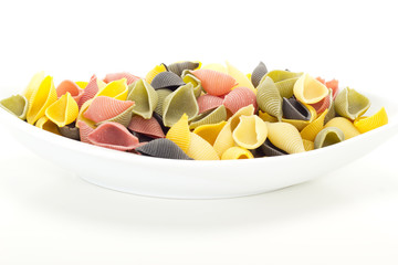 Unboiled italian shell noodles on a plate