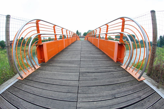 pedestrian cycle bridge to cross the River with fish eye view