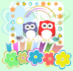 Set of elements - owls, birds, flowers, butterflies