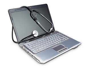 Stethoscope on a modern laptop to diagnose. On a white backgroun