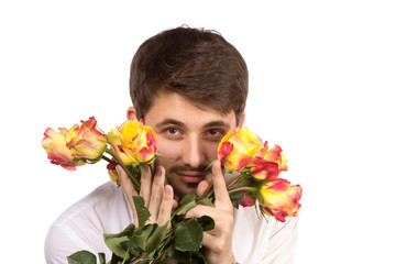 Man with bouquet of red roses.