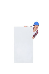 Chirpy female poster stood with blank panel