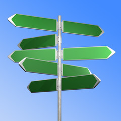 green directional signs on a blue background