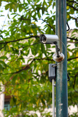 Fototapeta na wymiar Security surveillance camera near green fore