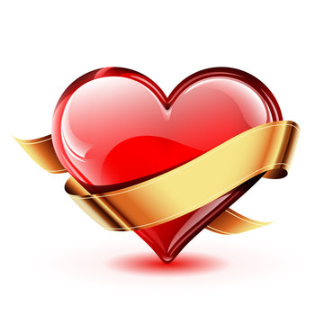 Bright and glossy vector heart with a golden ribbon