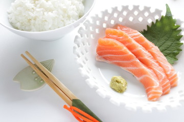 Japanese cuisine, Raw Salmon Sashimi  with wasabi