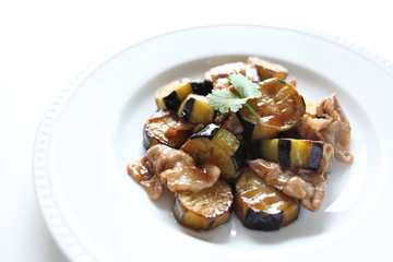 chinese food, eggplant stir fried on white dish