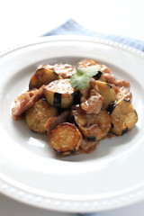 chinese food, eggplant and pork stir fried on white dish