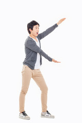 Asian man present something