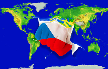 Fist in color  national flag of czech    punching world map