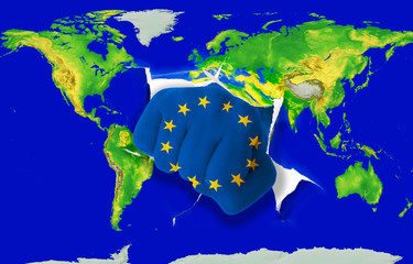 Fist in color  national flag of europe    punching world map