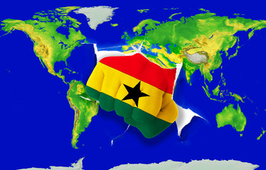 Fist in color  national flag of ghana    punching world map