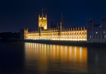 London night view. Houses of Parliament and River Thames