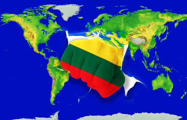 Fist in color  national flag of lithuania    punching world map
