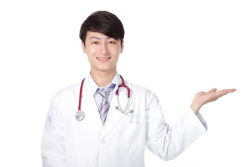 young doctor show something by hand