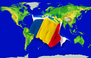Fist in color  national flag of romania    punching world map