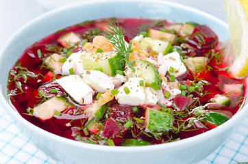 close-up of a cold beetroot soup with cucumbers, eggs and herbs