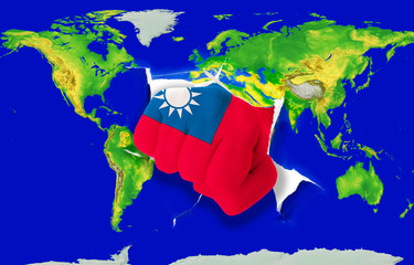 Fist in color  national flag of taiwan    punching world map