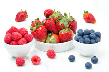 strawberries, raspberries and blueberries in bowl