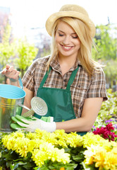 Florists woman working with flowers at a greenhouse.