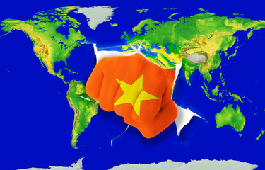 Fist in color  national flag of vietnam    punching world map