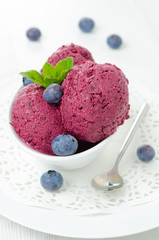refreshing blueberry sorbet in a white bowl