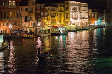 Gondolas on Grand Canal at night