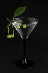 Unripe green cherry in martini glass on black