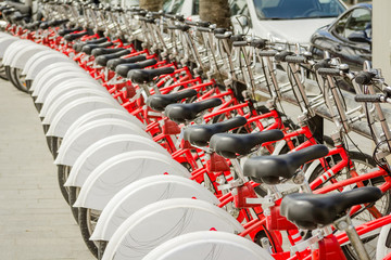 Bikes parked on the street in Barcelona, Spain