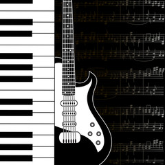 Naklejka premium Tło muzyczne z nutami klawiatury, gitary i pięciolinii