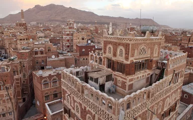 Zelfklevend Fotobehang Old Sanaa buildings - traditional Yemen house © Vladimir Melnik