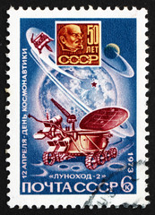 Naklejka premium Postage stamp Russia 1973 Lunokhod 2 on Moon