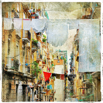 Fototapeta Neapol - tradycyjne stare włoskie ulice, artystyczny obraz w pa