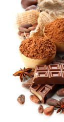 Composition of chocolate sweets, cocoa and spices, isolated