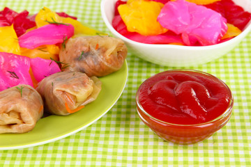 Stuffed cabbage rolls on table close-up