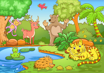 animals in forest.