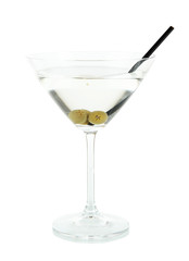 Martini glass with olives isolated on white.