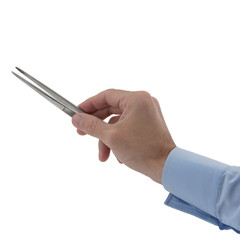 man's hand holding tweezers