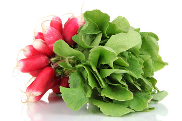 Small garden radish with leaves isolated on white