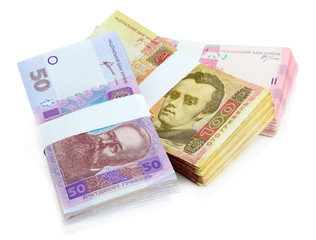 Pile of Ukrainian money, isolated on white