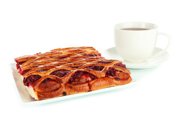 Cherry Pie with tea isolated on white